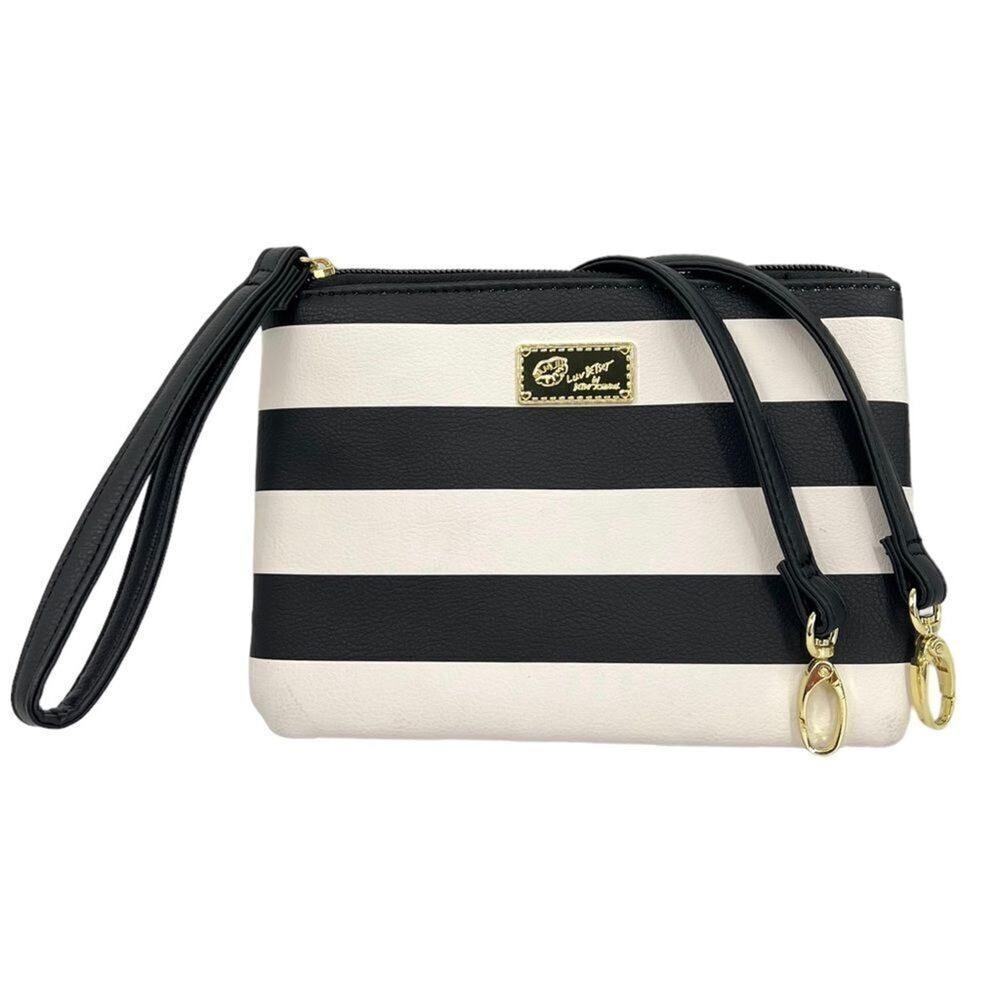 Betsey Johnson Signature Black & White Striped Luv Betsey Crossbody Wristlet